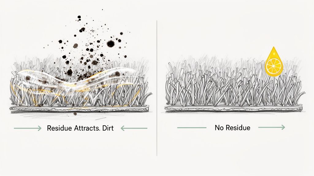 Illustration comparing carpet conditions: residue attracts dirt, while no residue leaves carpet clean.
