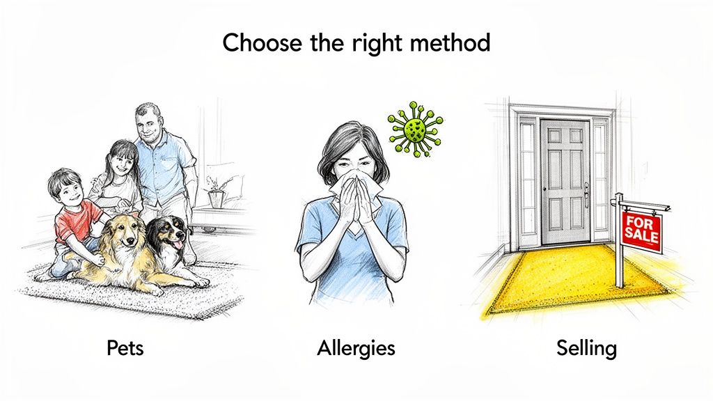 Three illustrations depict a family with pets, a woman with allergies, and a house for sale, showing different cleaning scenarios.