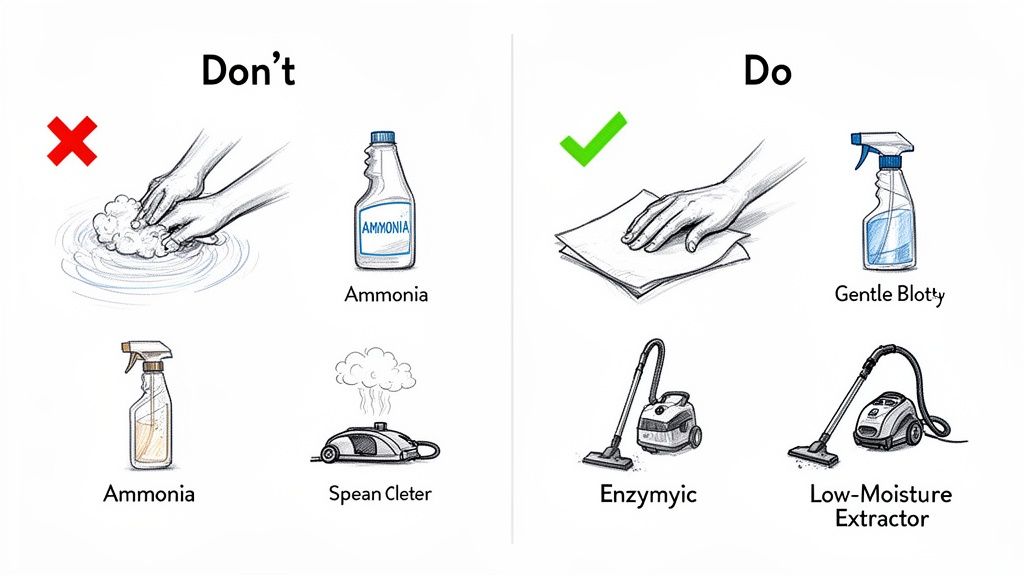 Visual guide demonstrating correct and incorrect methods for cleaning carpets, highlighting gentle blotting and extraction over scrubbing or ammonia.