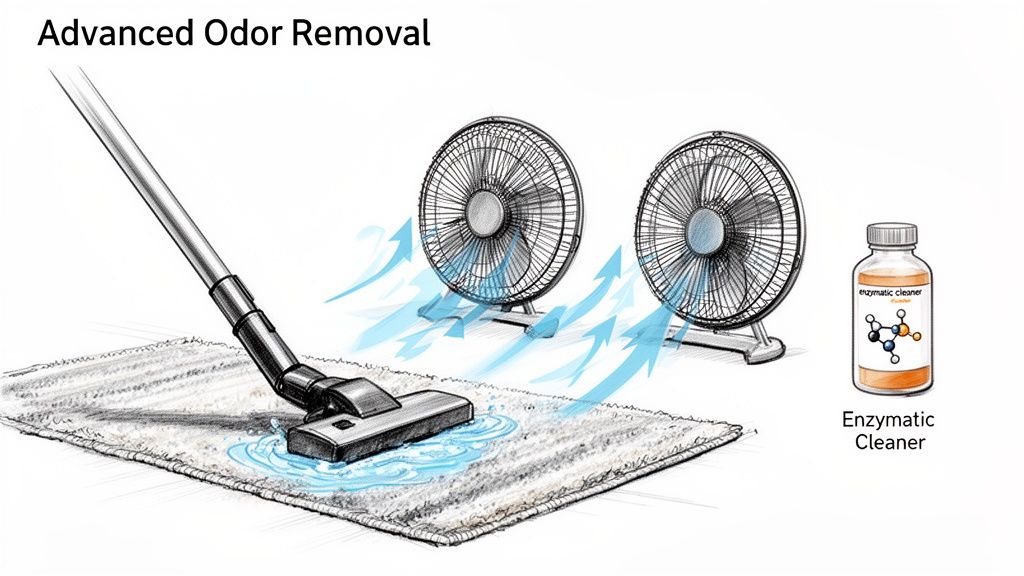 Advanced odor removal for wet carpets using a cleaner, fans for drying, and enzymatic solution.
