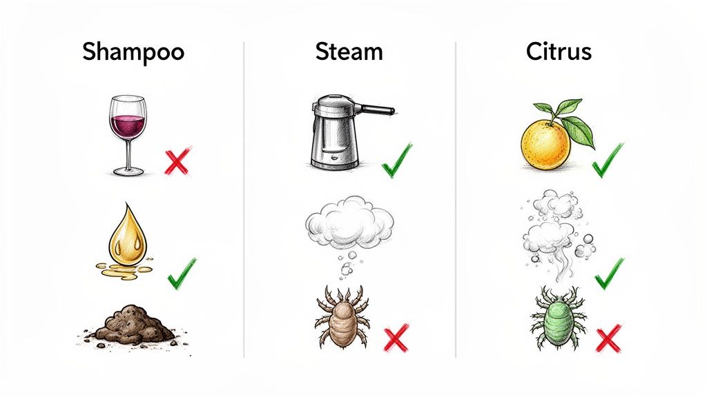 Visual comparing shampoo, steam, and citrus cleaning methods, highlighting their uses and pest limitations.
