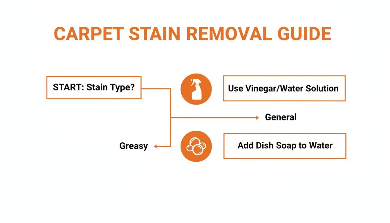 Flowchart guide for carpet stain removal, detailing solutions for general and greasy stains.