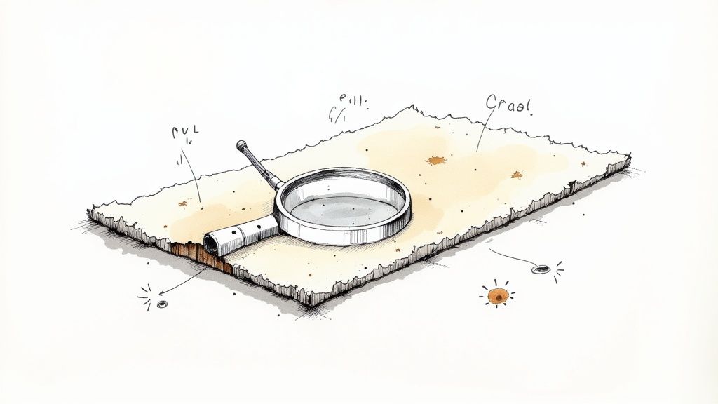 A close-up of a hand wearing a yellow rubber glove using a white brush to scrub a light-colored carpet