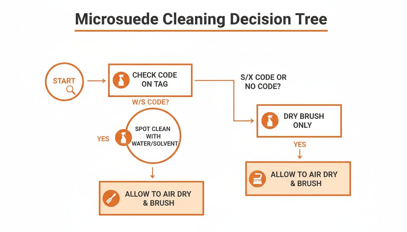 Microsuede cleaning decision tree showing steps based on cleaning codes found on the tag.