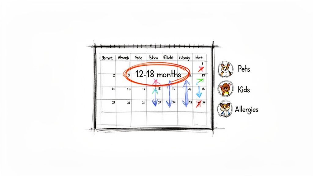 A hand-drawn calendar with '12-18 months' highlighted, alongside icons for pets, kids, and allergies.