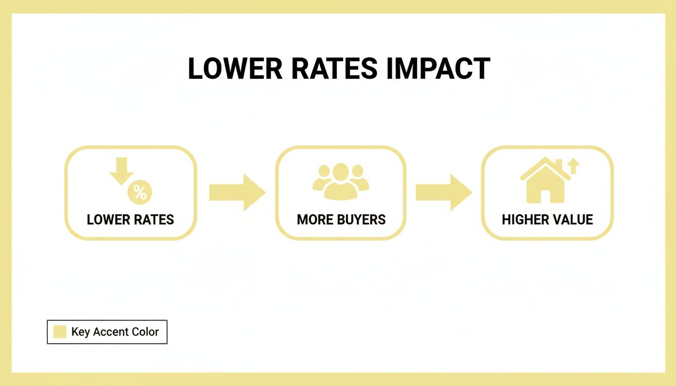 A flowchart illustrating that lower rates lead to more buyers and higher home values.