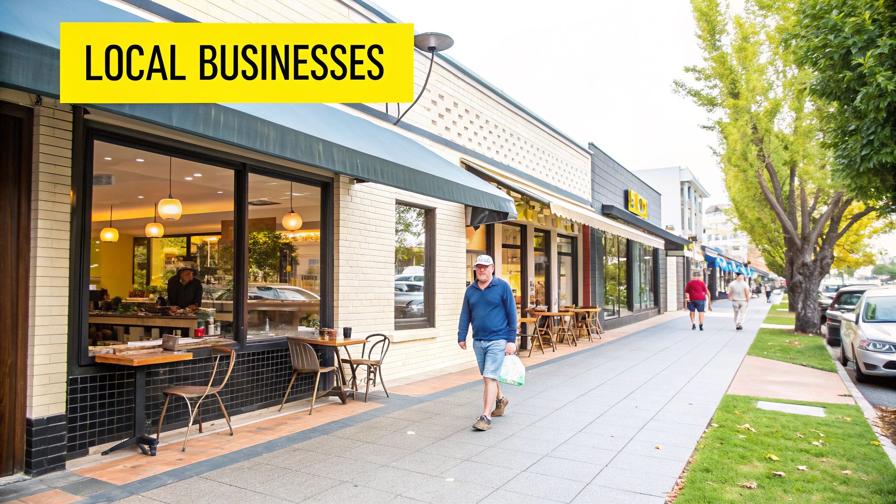 A vibrant street scene featuring various local businesses with storefronts, people walking, and trees.