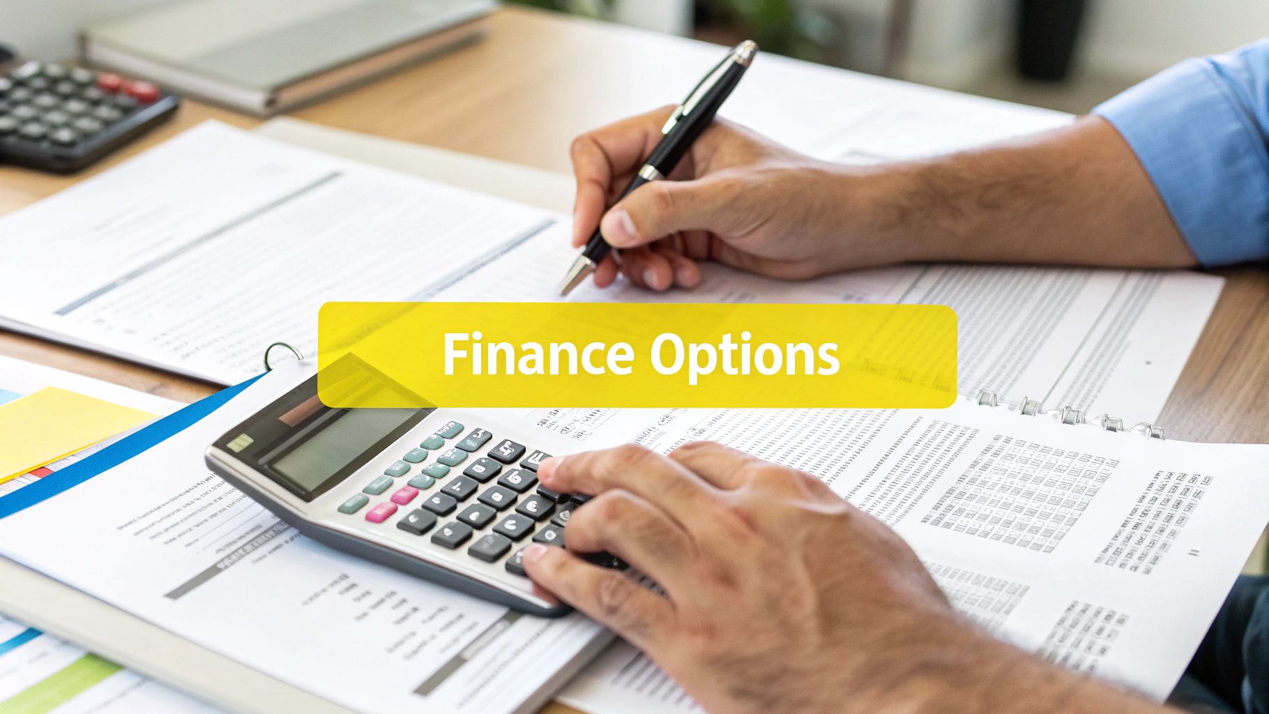 Hands of a person working on financial documents with a calculator and pen, displaying 'Finance Options' banner.