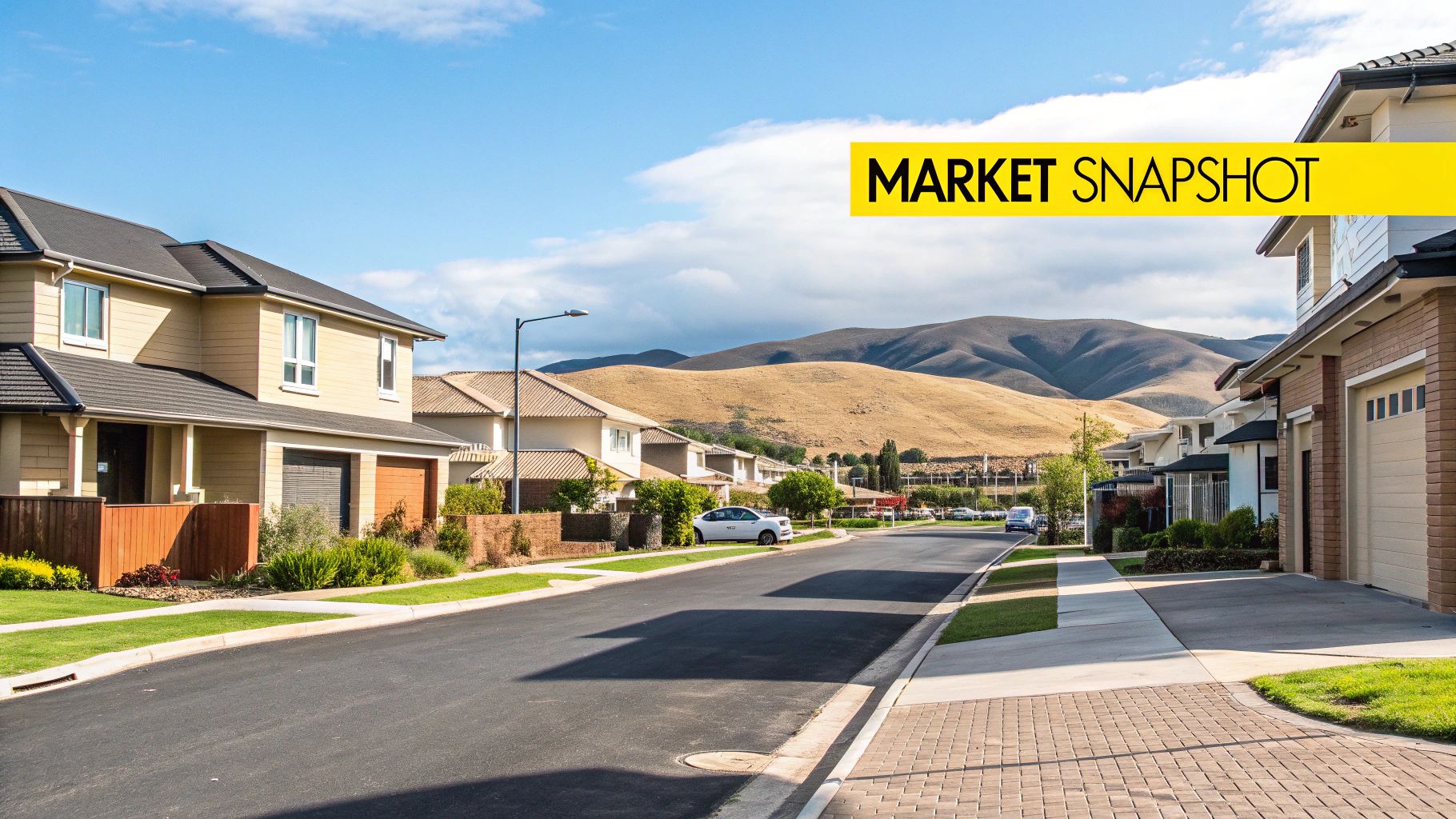 A market snapshot image showing a suburban street with modern houses and dry hills in the background.