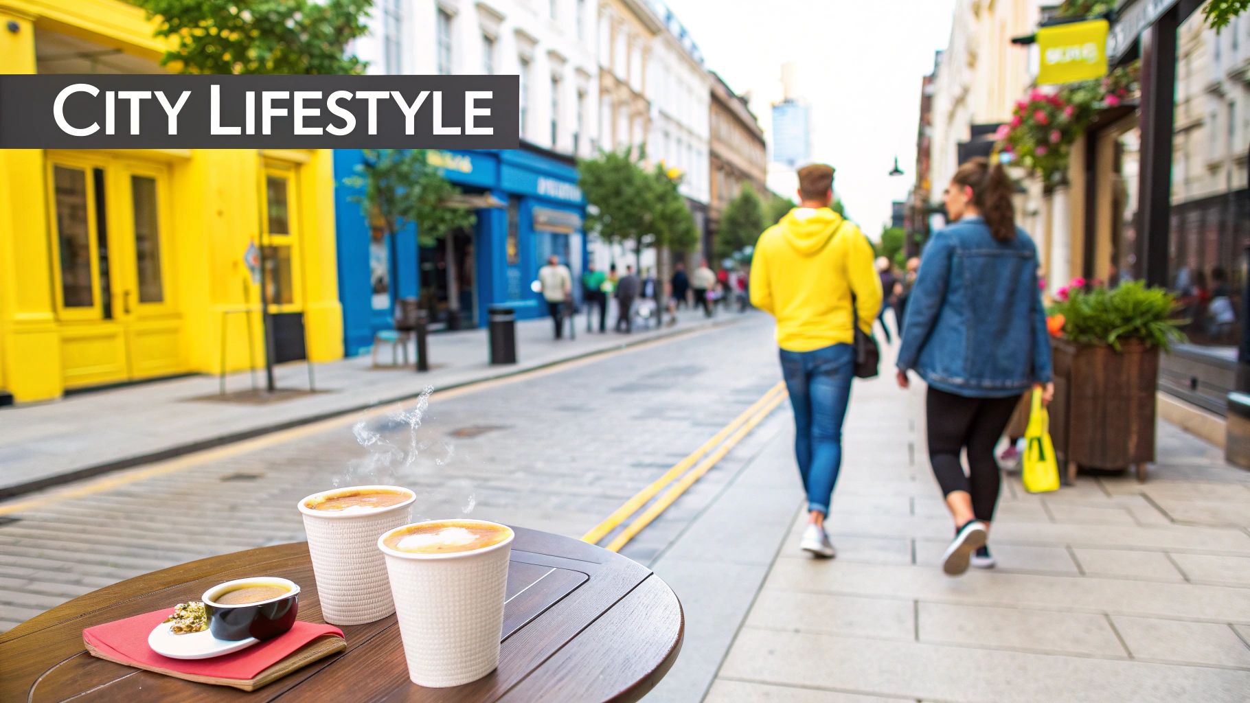 A vibrant city street scene with a cafe table, two takeaway coffees, and people walking past colorful buildings.