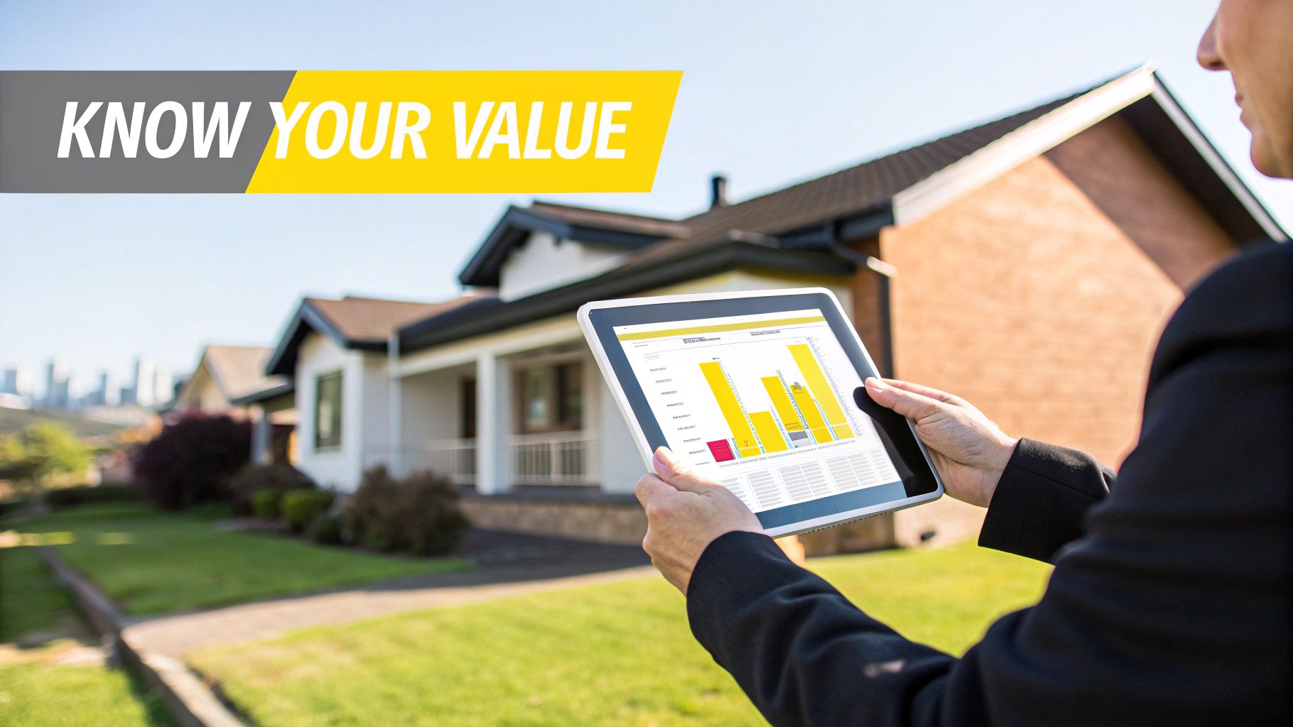 Person views real estate data on a tablet in front of suburban houses with 'Know Your Value' text.