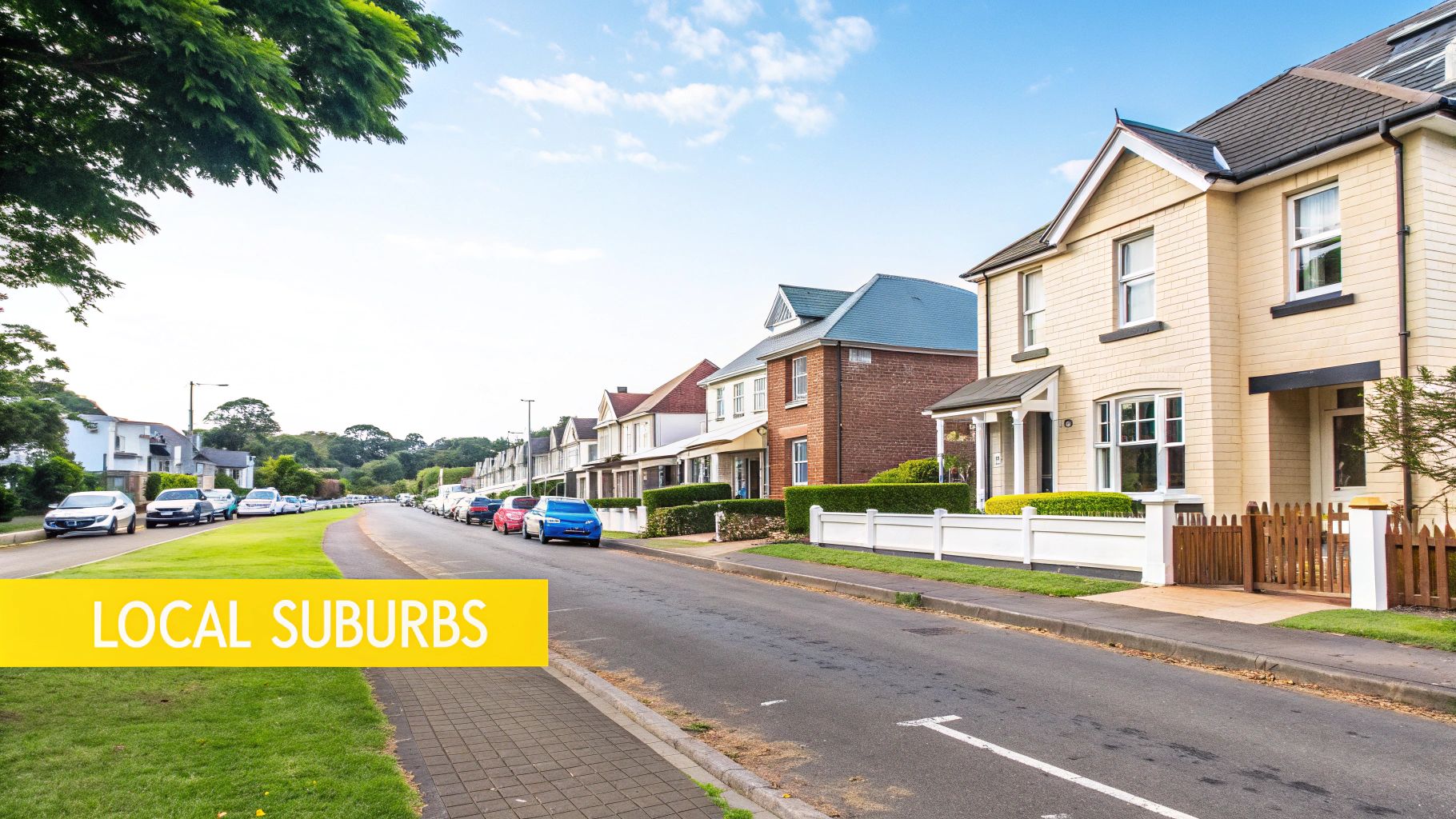 Residential street in a sunny suburb with houses, parked cars, and lush greenery.