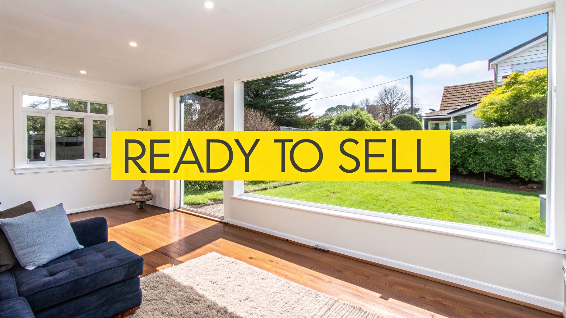 A modern living room with large windows, wooden floors, a blue sofa, and a green yard view.