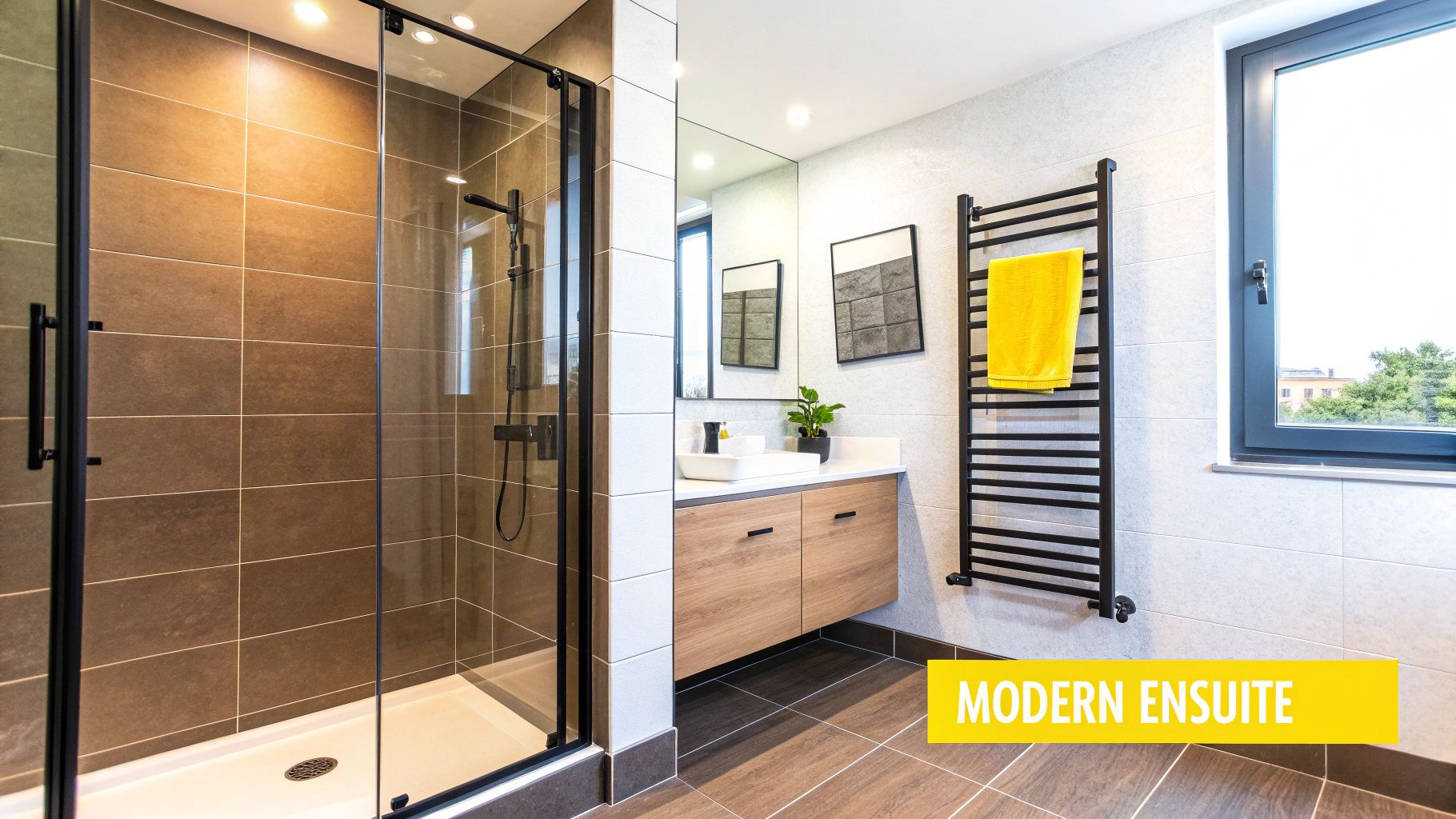 Bright modern ensuite bathroom featuring a walk-in shower, light wood vanity, and heated towel rail.