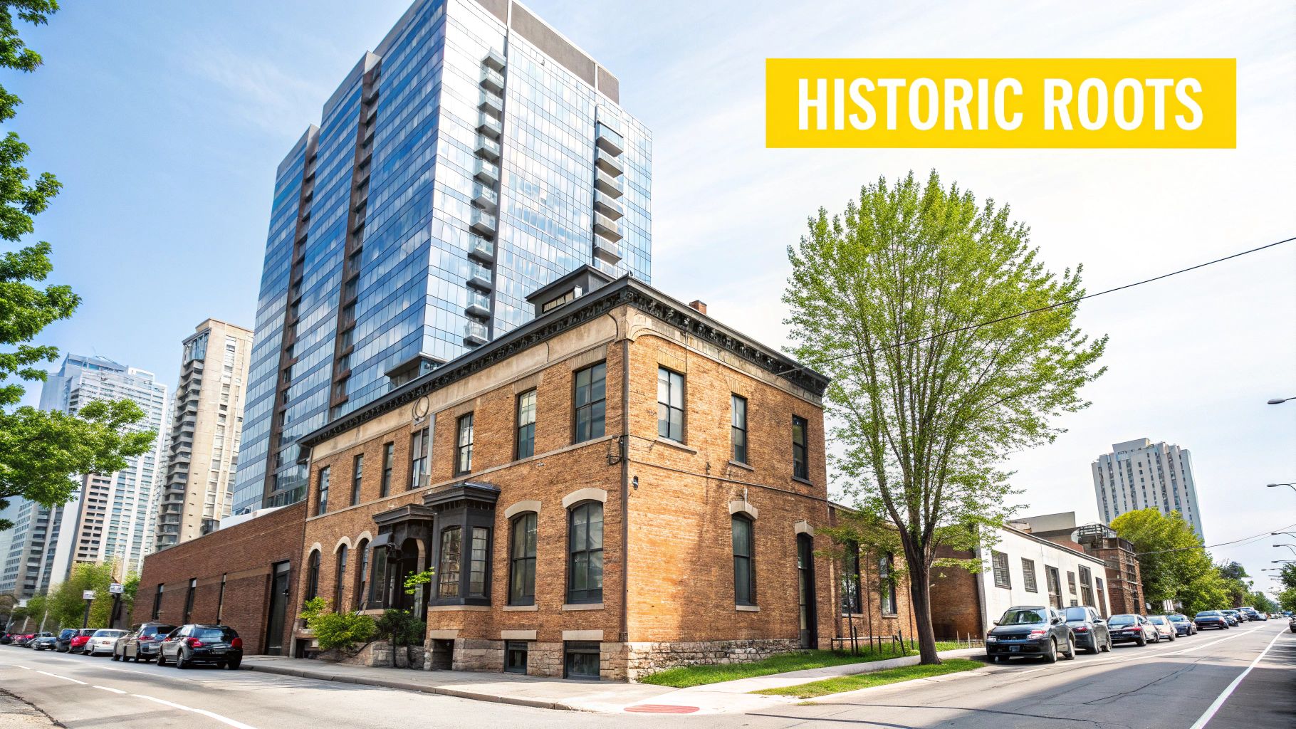 Historic brick building on a city street, contrasting with modern glass skyscrapers under a blue sky.