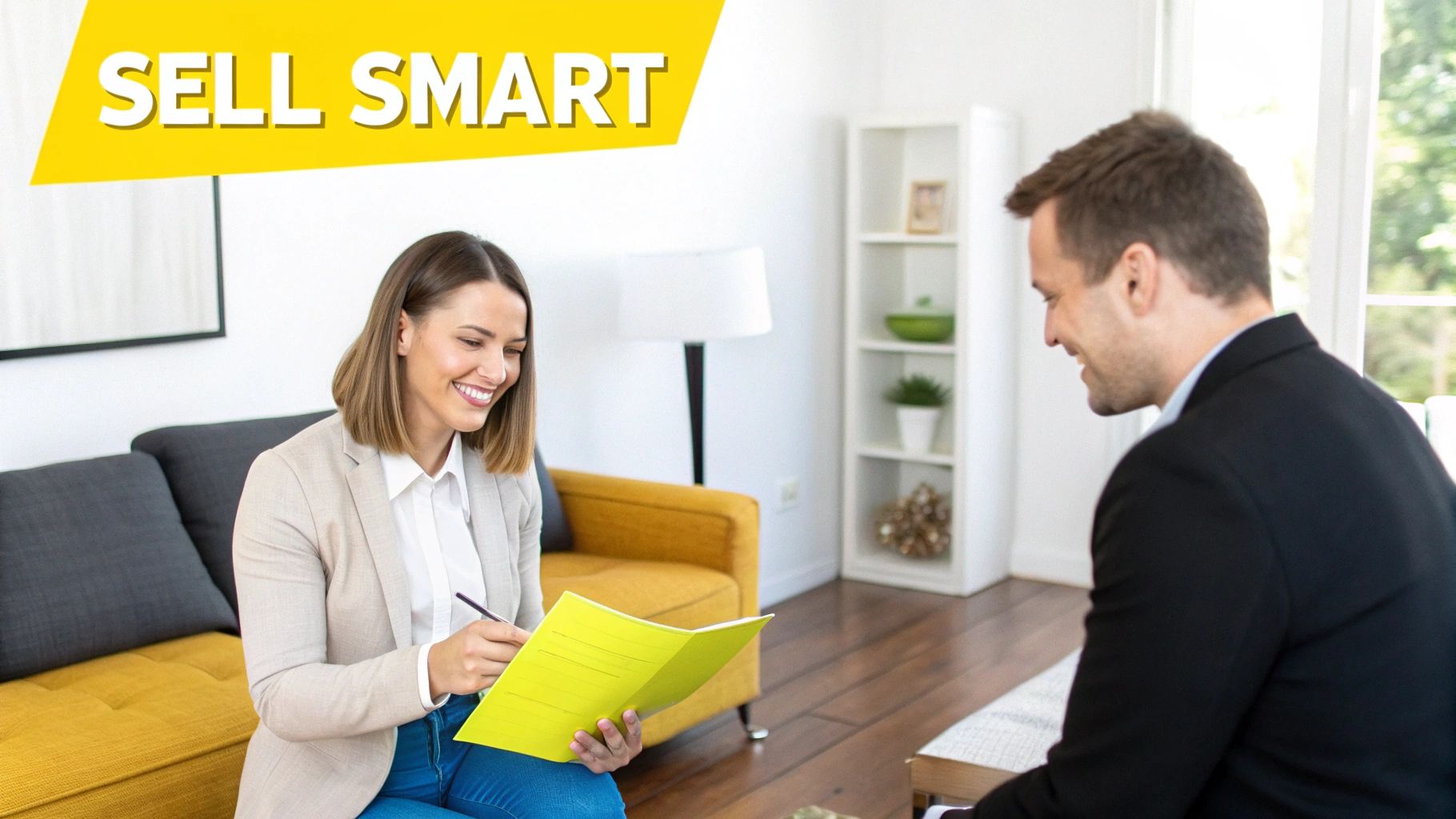 A smiling woman writes in a yellow folder while consulting with a man in a modern office.