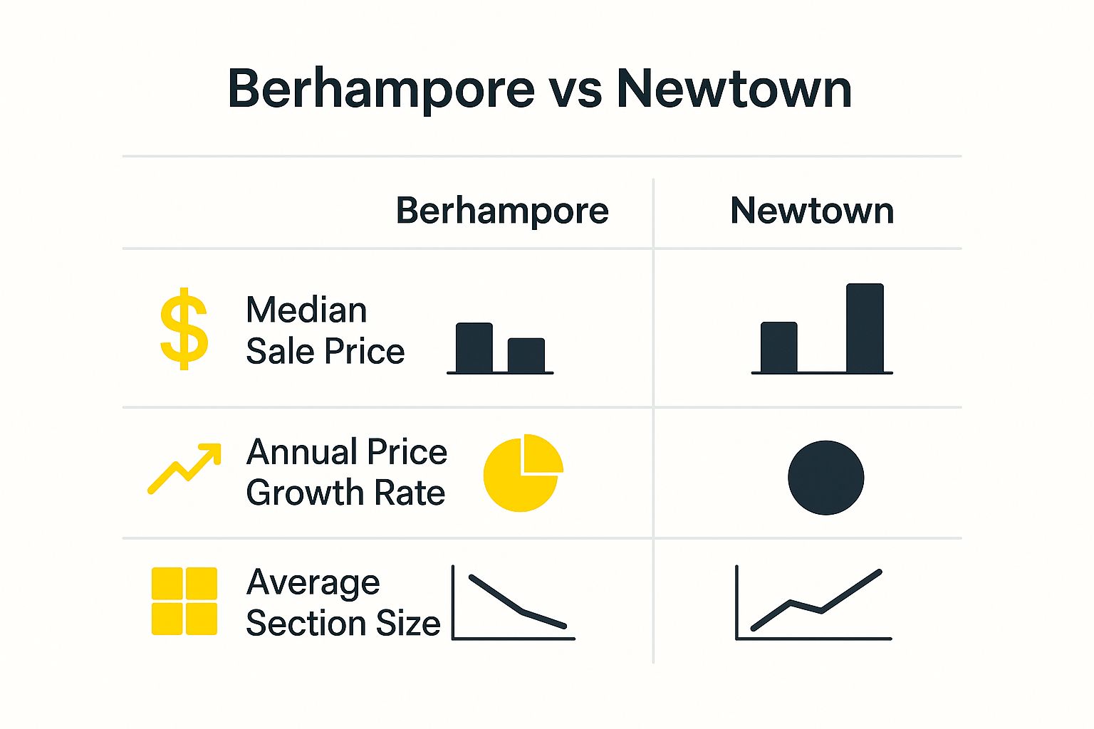 Infographic comparing median sale price, annual price growth, and average section size for Berhampore and Newtown.