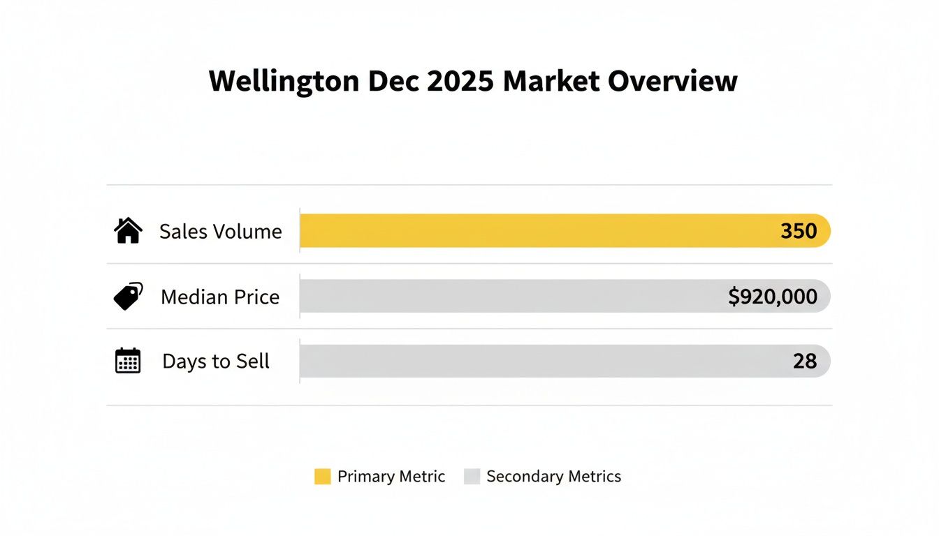 Wellington Dec 2025 Market Overview displaying sales volume, median price, and days to sell.
