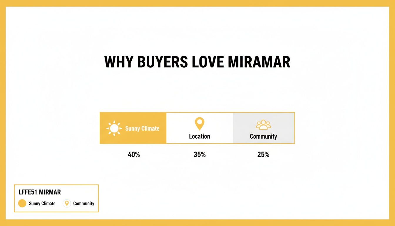 Bar chart illustrating why buyers love Miramar, with Sunny Climate (40%), Location (35%), and Community (25%).