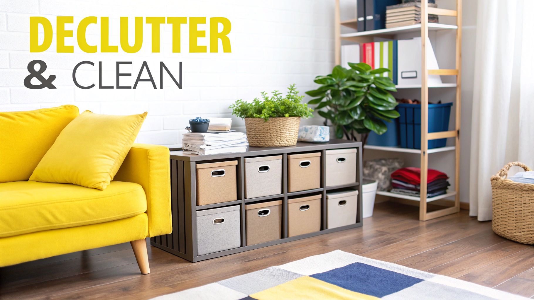 A bright, organized living room with a yellow sofa, storage unit, plants, and 'DECLUTTER & CLEAN' text.