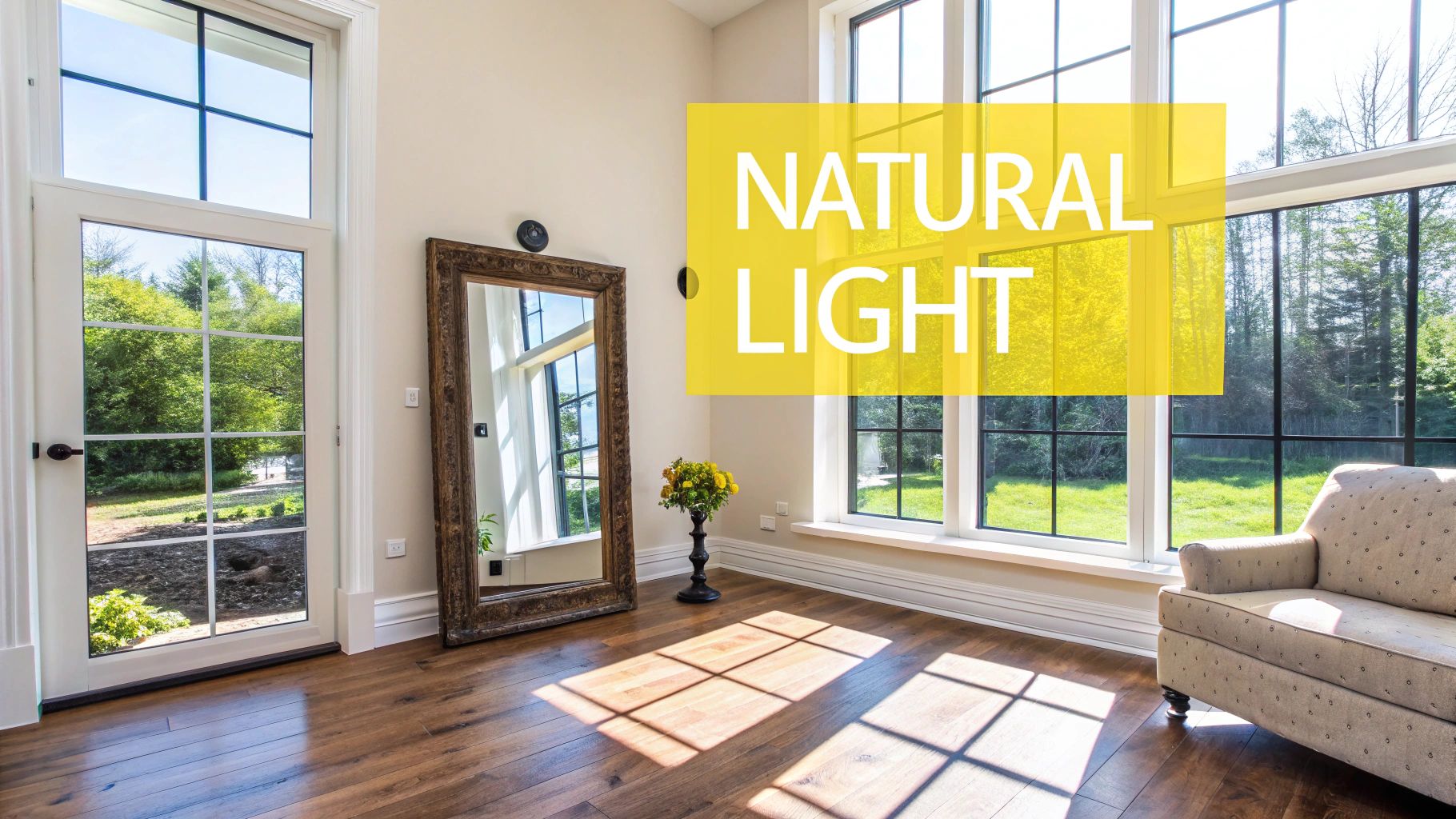 A spacious room filled with natural light from large windows, featuring a wooden floor and an ornate mirror.