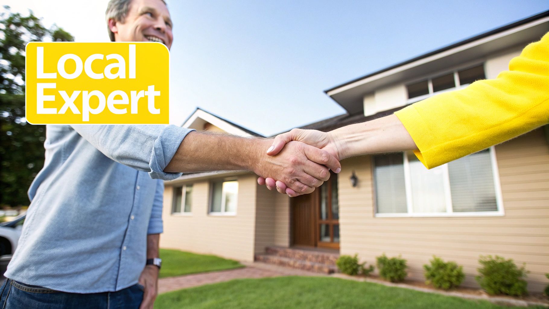 A man and woman shake hands in front of a modern house, with a "Local Expert" sign prominent.