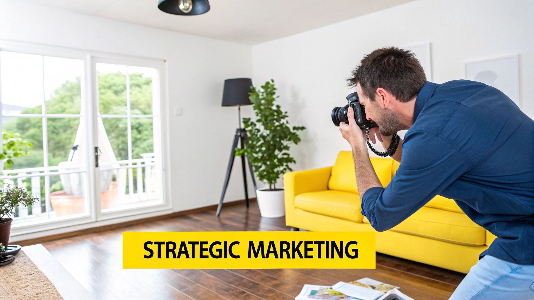A man in a blue shirt photographs a bright living room with a bright yellow sofa and large window.