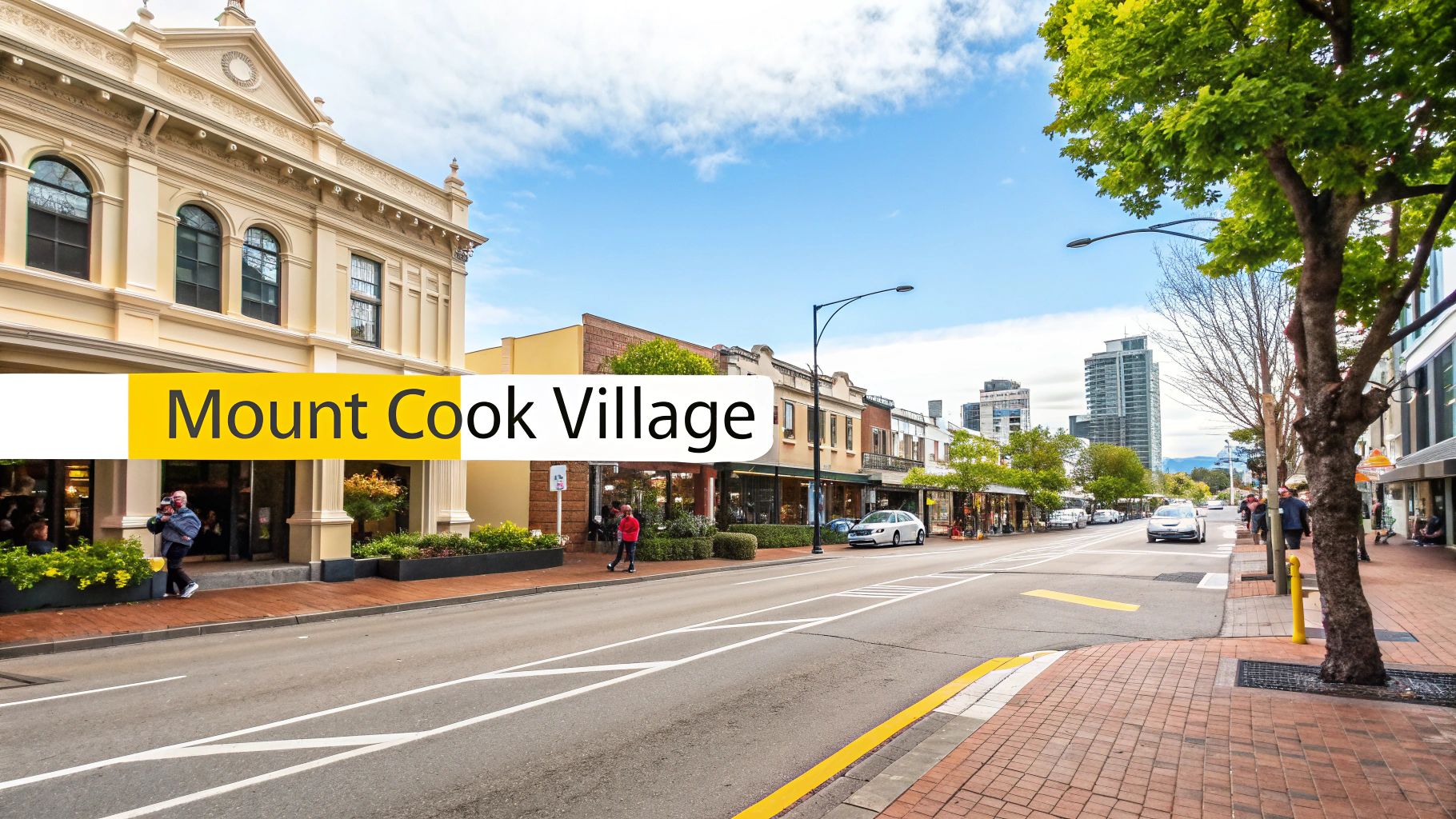 A vibrant street scene in Mount Cook, Wellington, showcasing a mix of character homes and modern apartments.