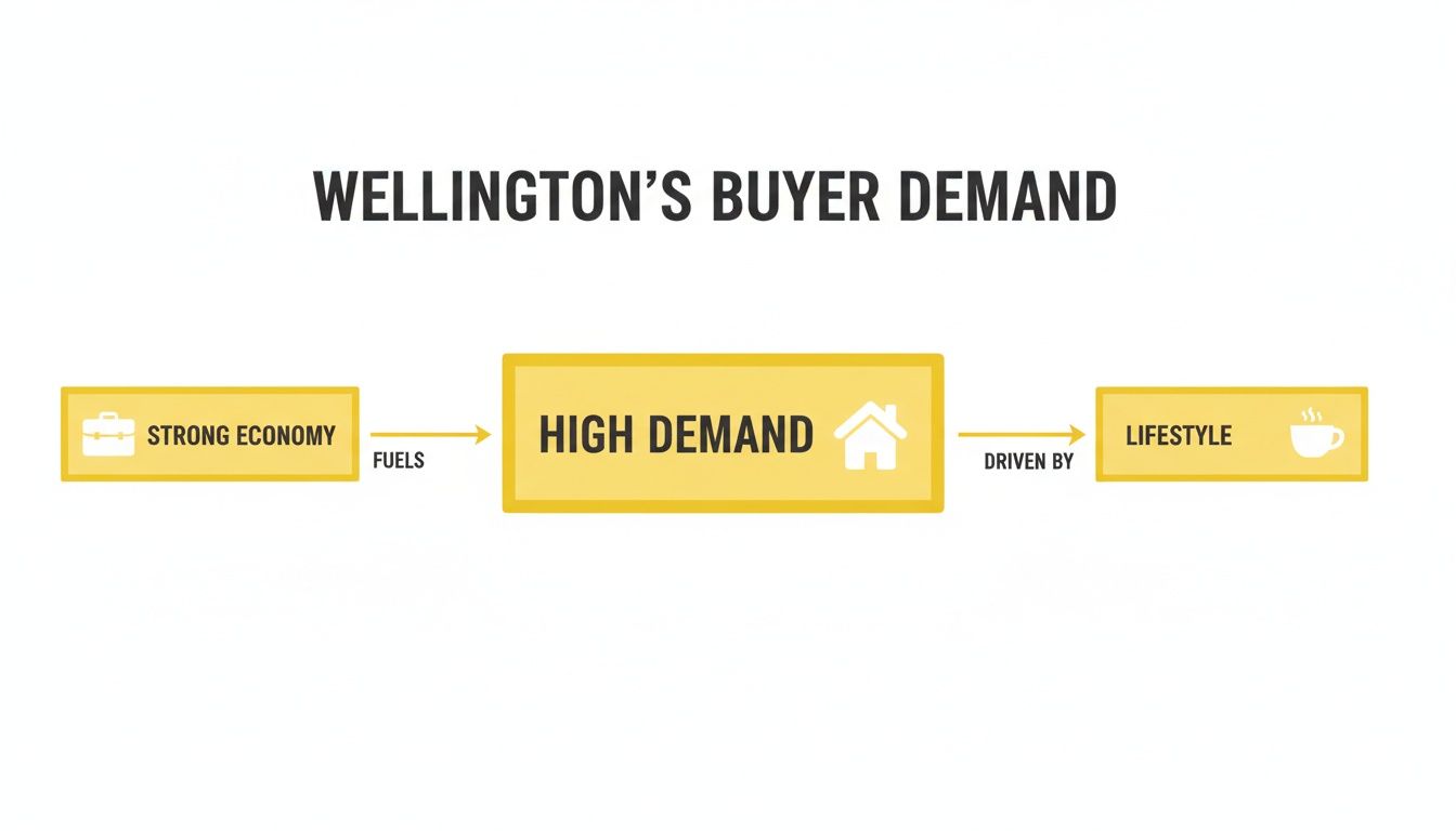 A flowchart illustrates Wellington's buyer demand: Strong economy fuels high housing demand, driven by lifestyle factors.