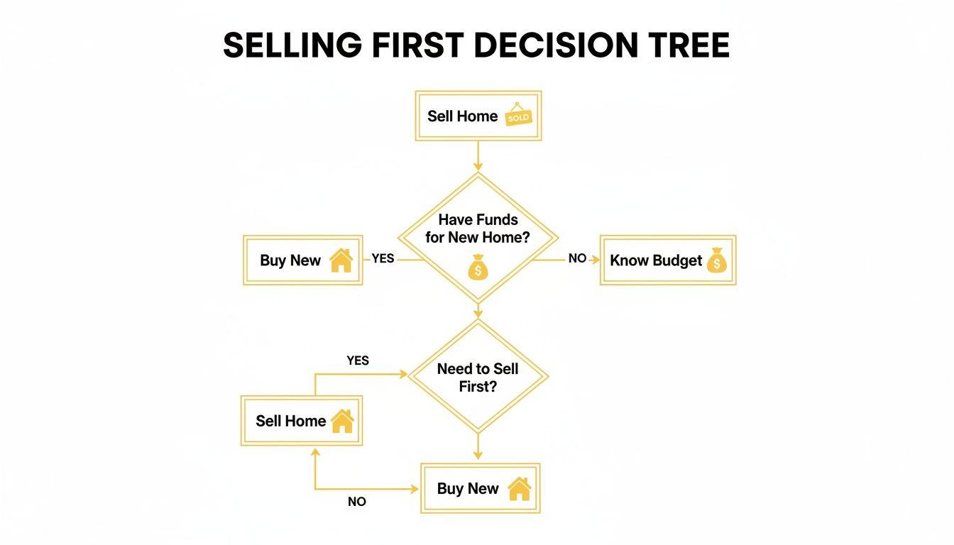 A flowchart decision tree titled 'Selling First Decision Tree' outlining steps for selling a home before buying a new one.