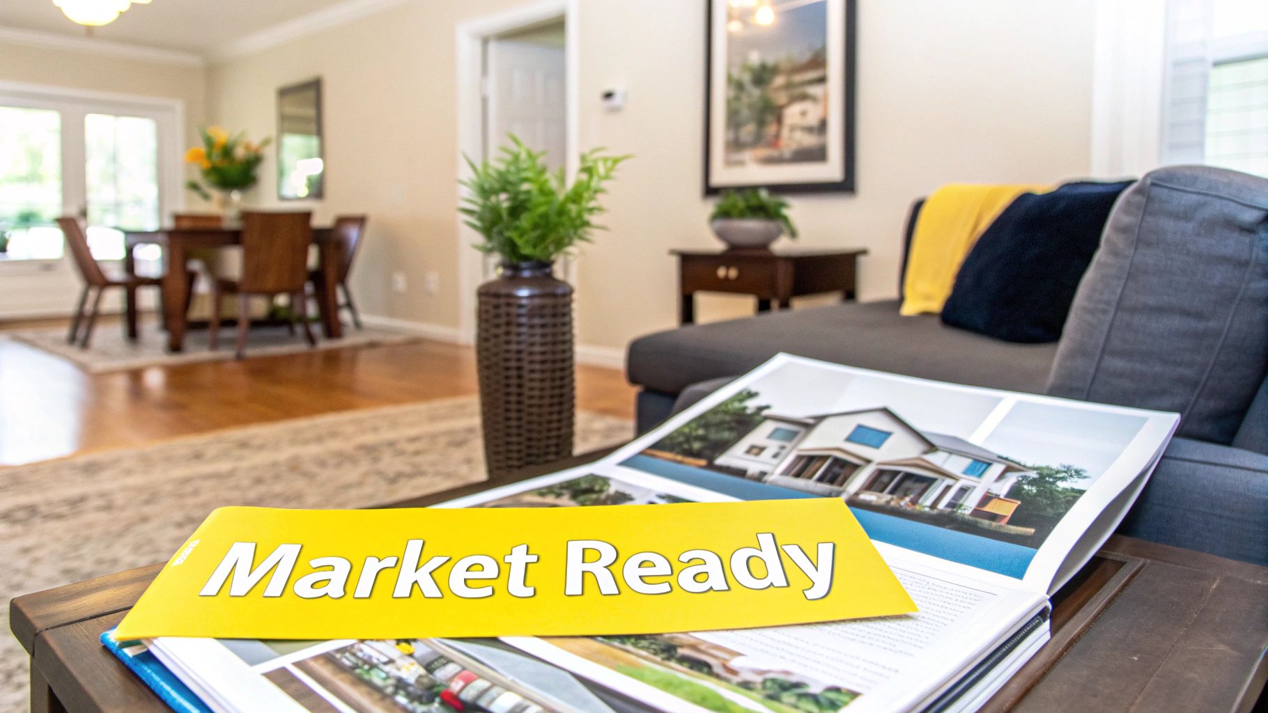 A yellow 'Market Ready' sign on a magazine showing a house, in a prepared living room interior.