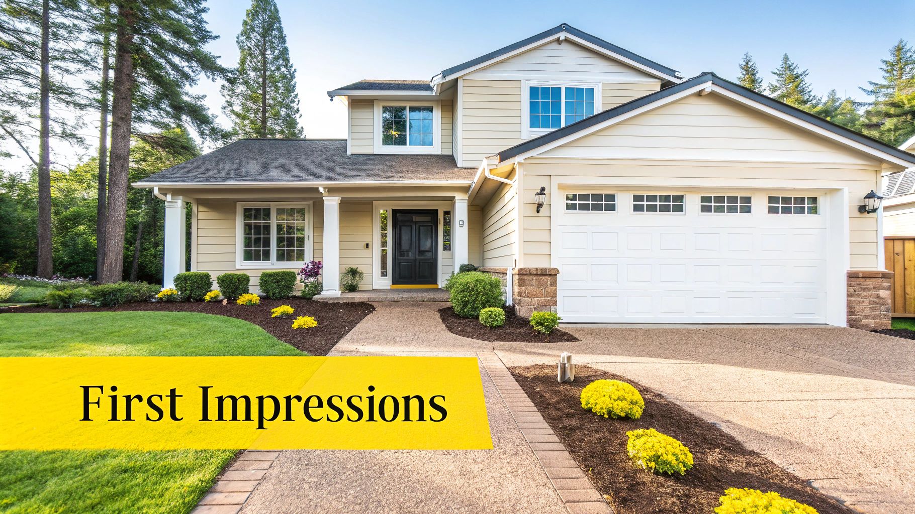 A charming two-story house with a black front door, white garage, lush lawn, and colorful landscaping.