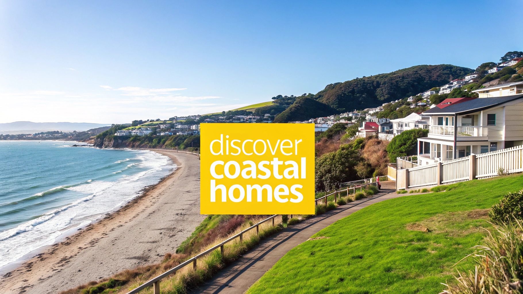 View of Lyall Bay beach and surrounding homes in Wellington, New Zealand.