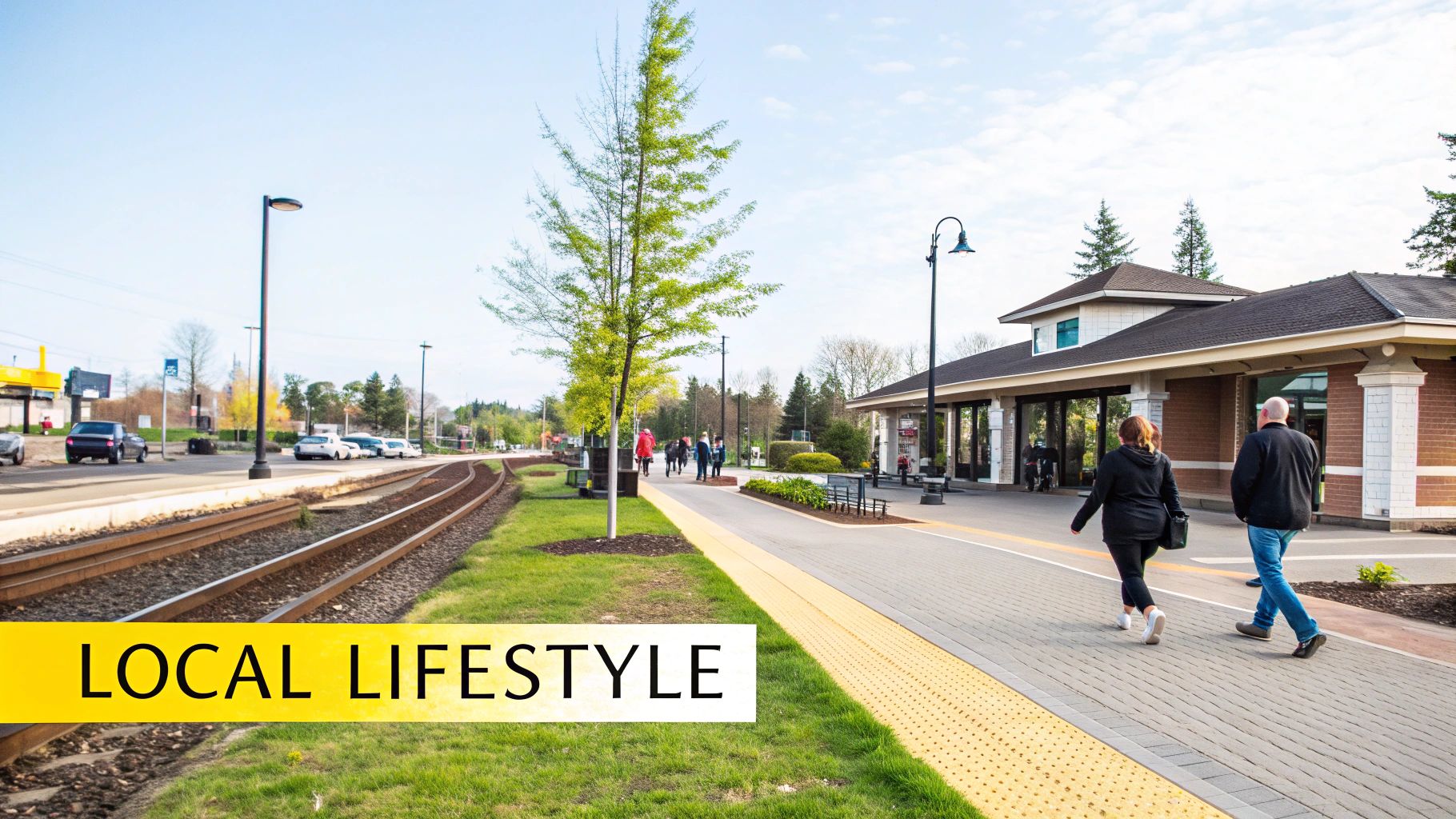 People walking on a paved platform next to train tracks and a station building under a clear sky.