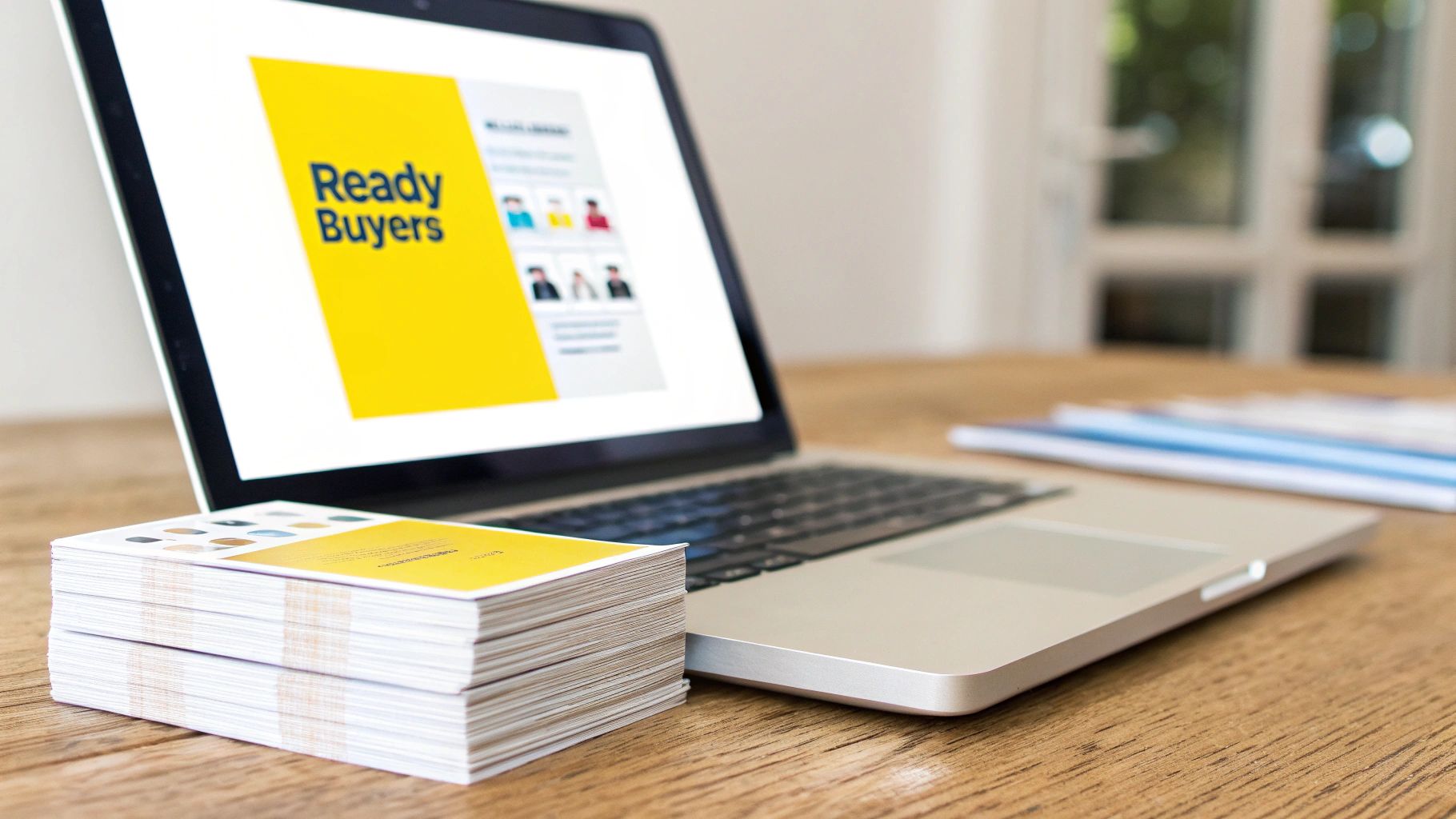 A real estate agent showing a couple a property on a tablet, representing a buyer database.