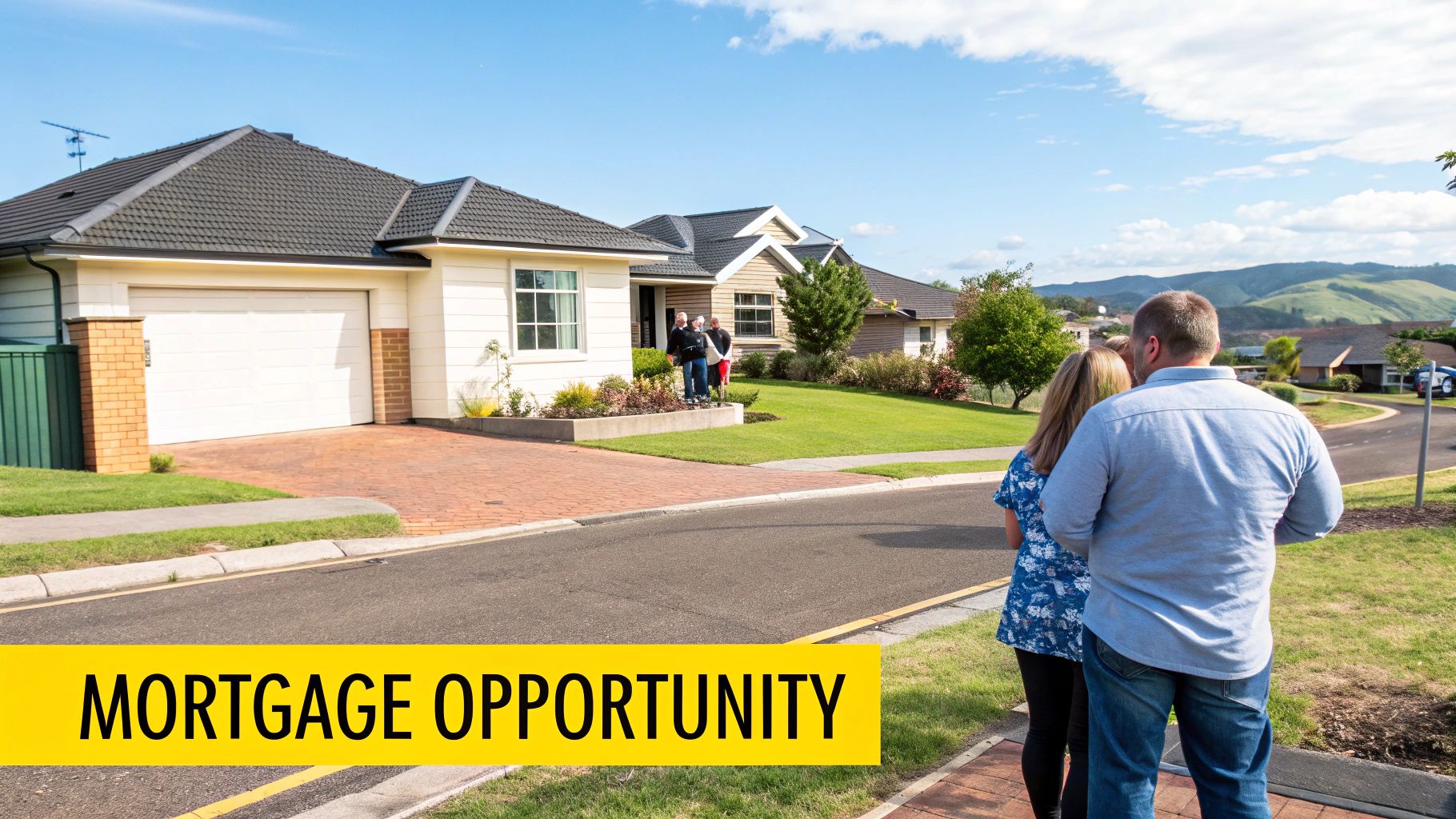 A couple stands on a sidewalk, looking at suburban houses with mountains in the distance, considering a mortgage opportunity.