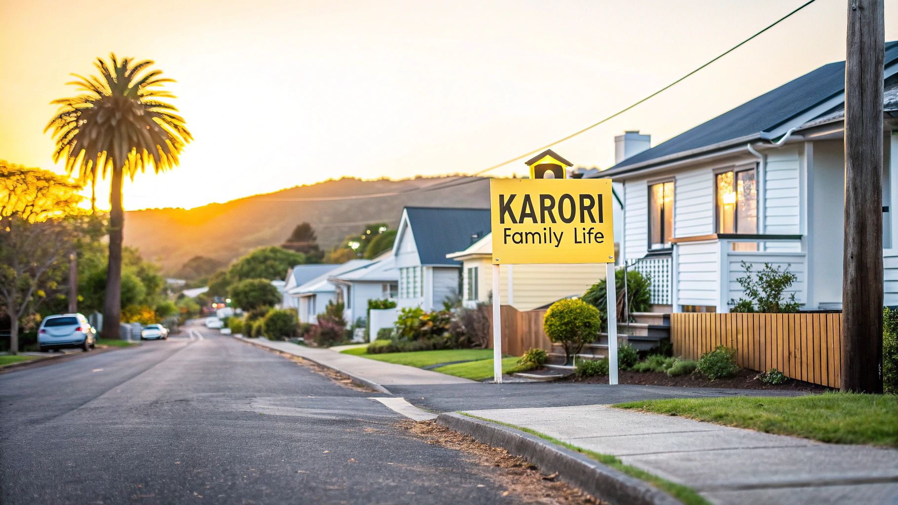 Sunset on a suburban street with white houses, a palm tree, and a Karori Family Life sign.