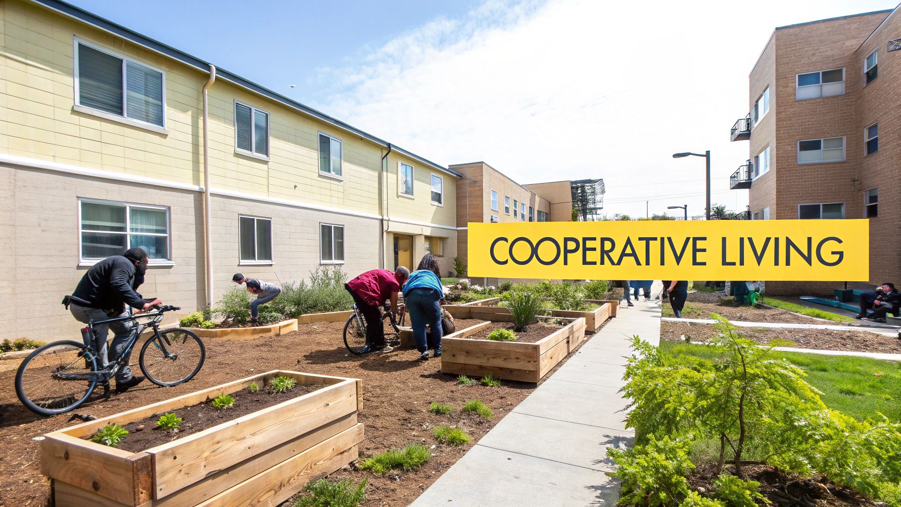 Community members gardening together in cooperative living neighborhood with raised garden beds and residential buildings