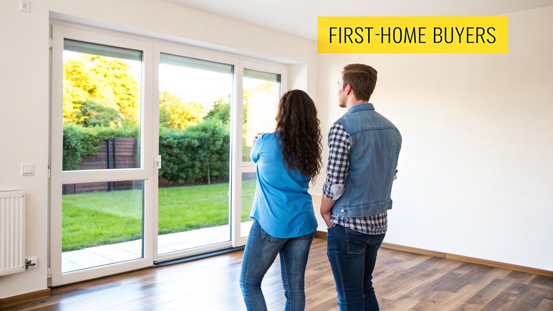 Young couple viewing a house, looking out a large window at a lush green garden.