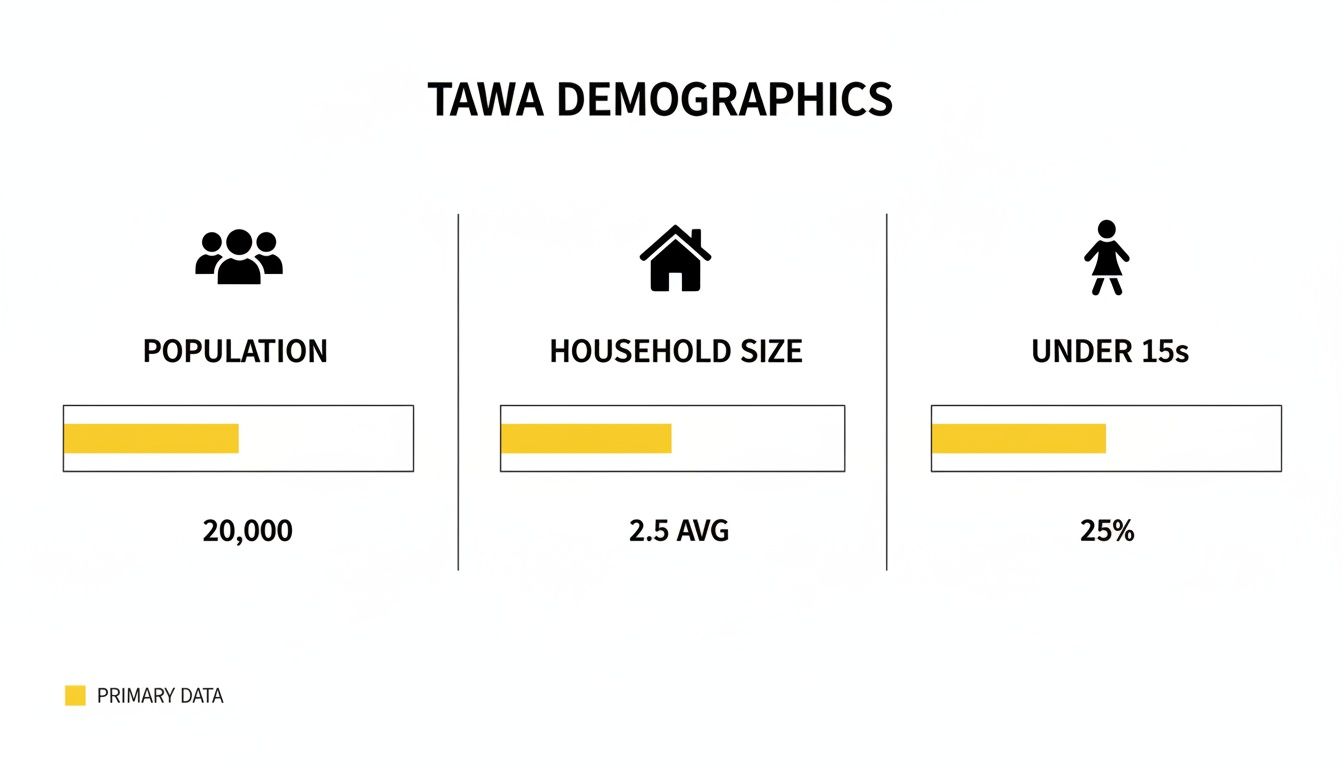 Tawa demographics infographic displaying population, average household size, and children under 15.