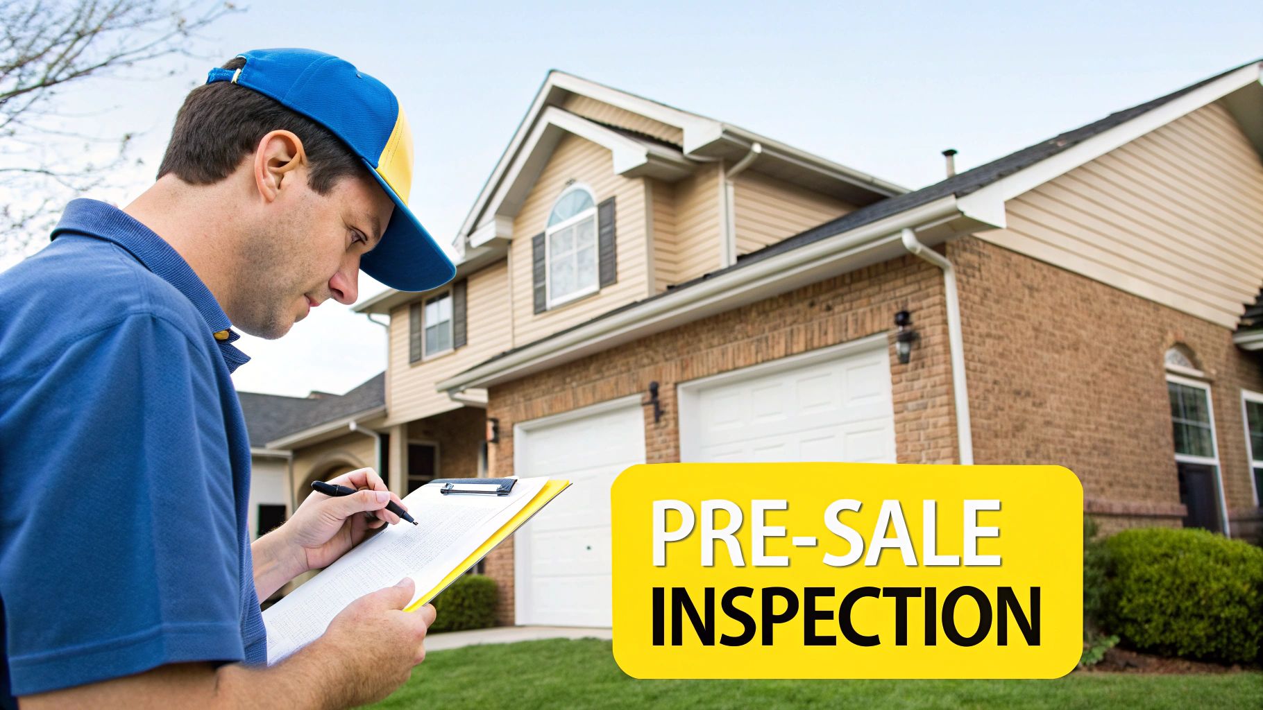 A man in a blue shirt and cap writes on a clipboard during a pre-sale house inspection.