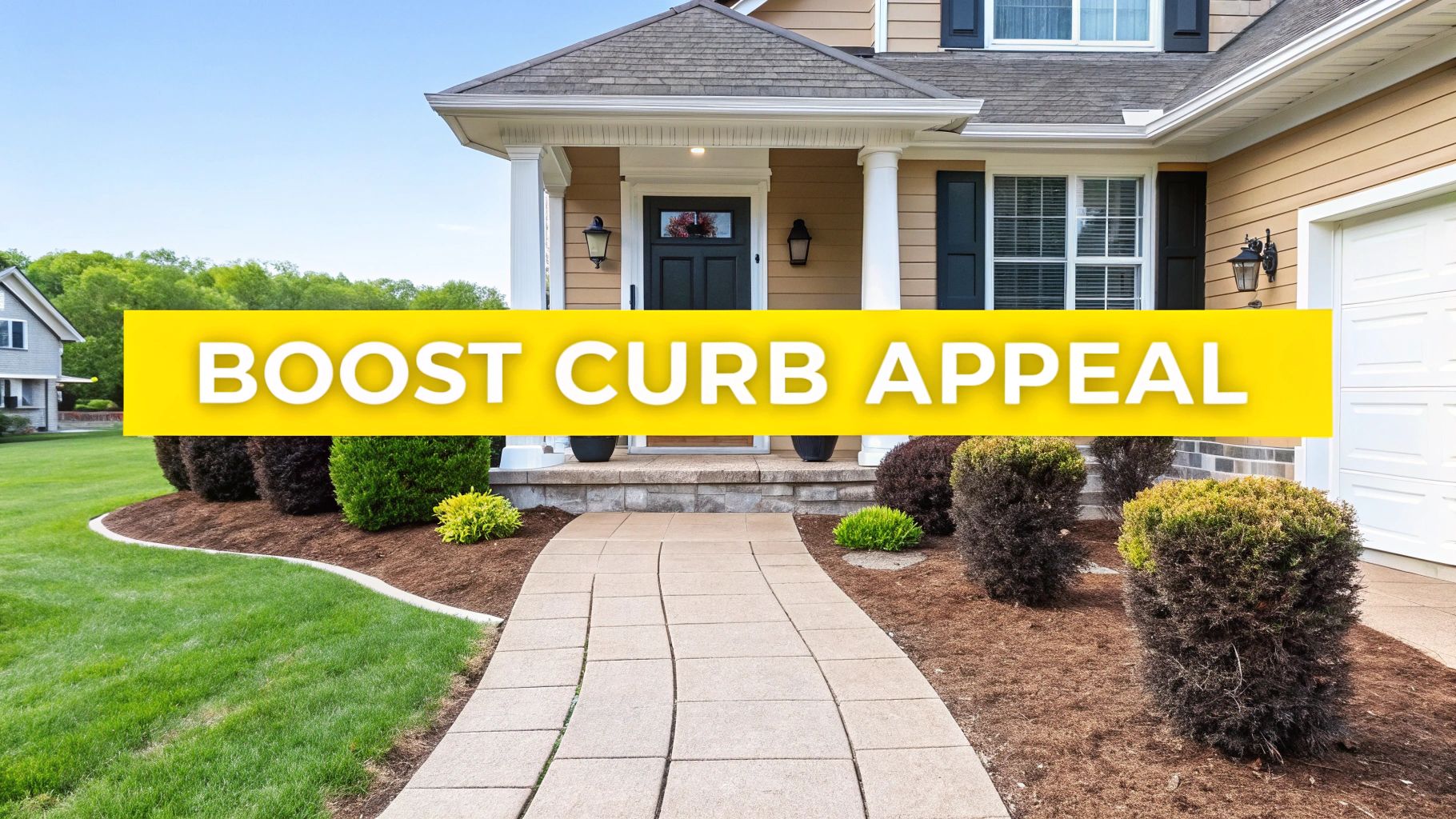 A well-maintained house exterior with a landscaped yard and a banner saying 'Boost Curb Appeal'.