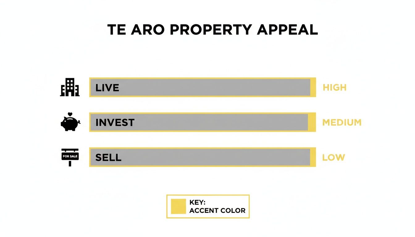 Infographic illustrating Te Aro property appeal with high live, medium invest, and low sell ratings.