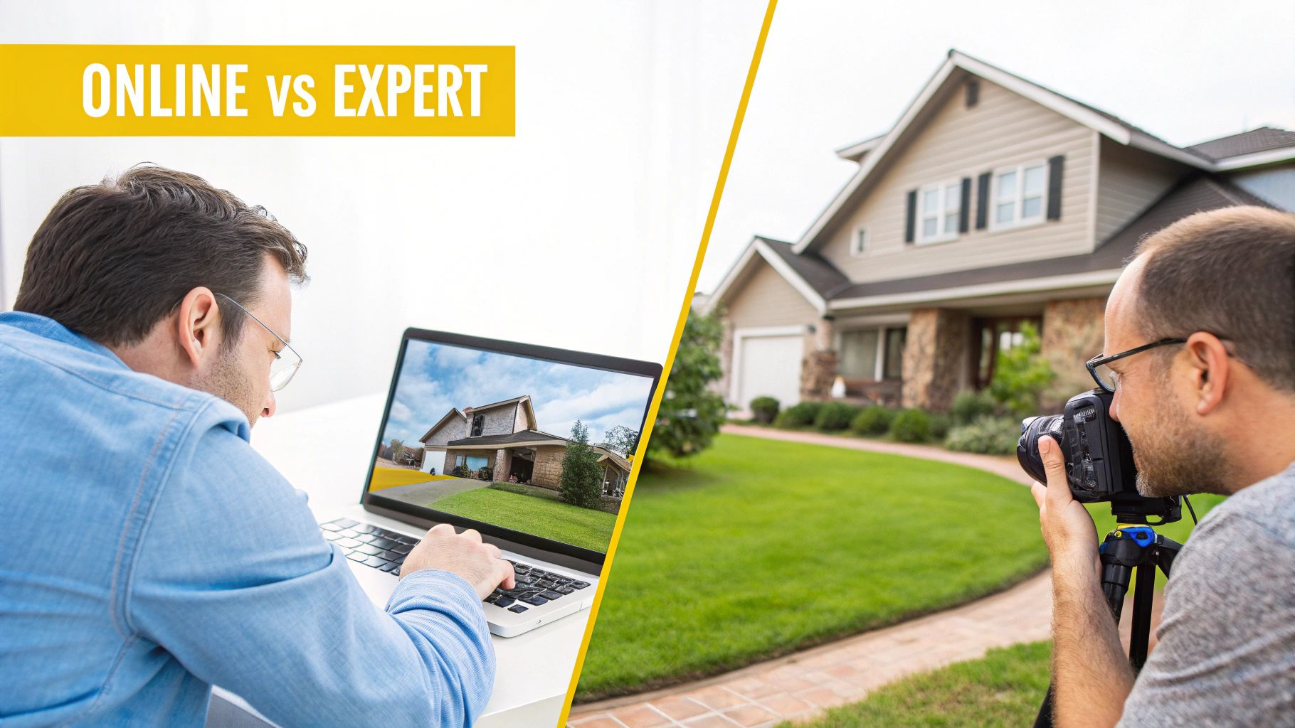 A person using a laptop to look at property valuations online, with a Wellington cityscape in the background.