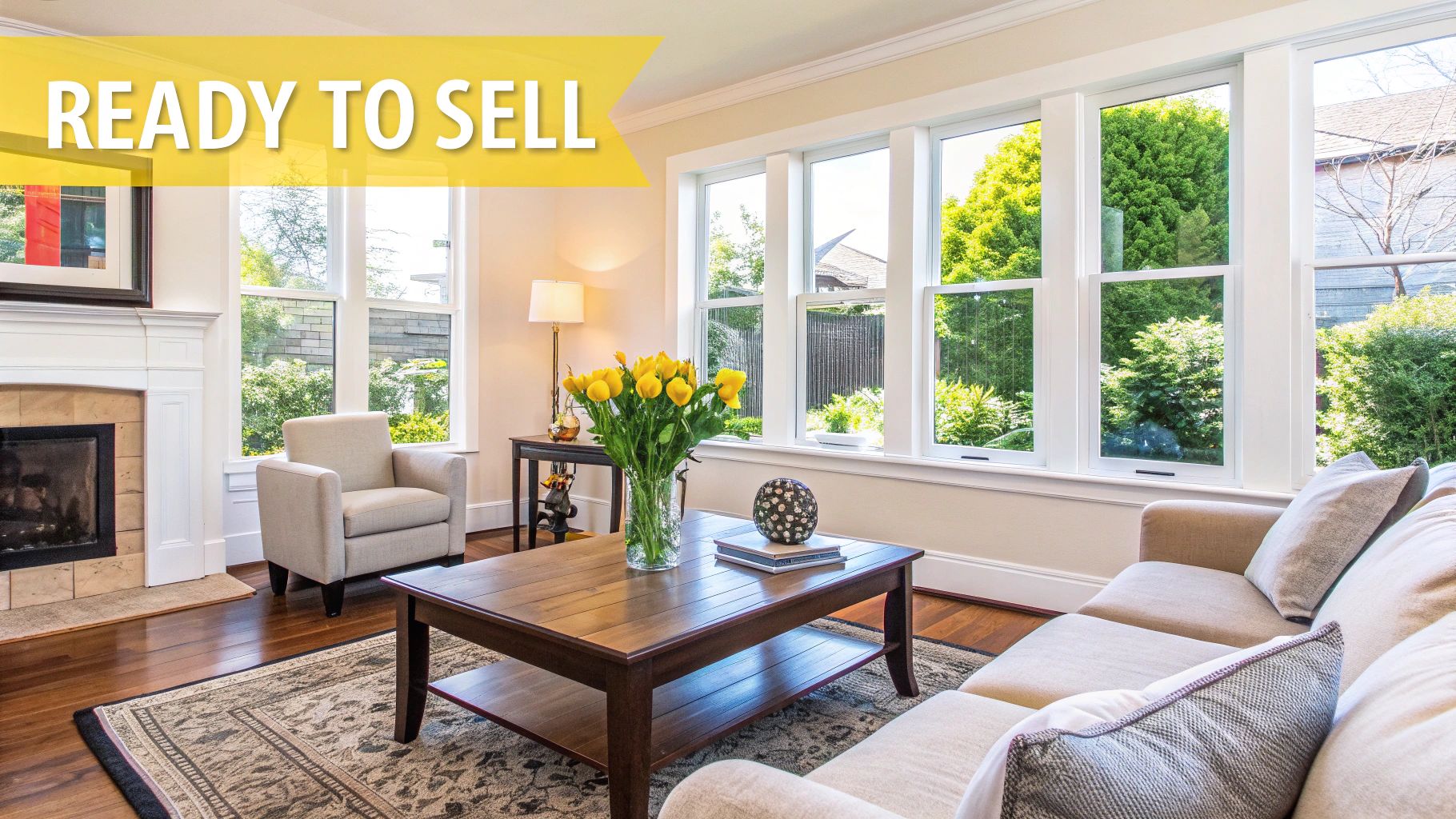 A sunny living room with large windows, a fireplace, comfortable furniture, and yellow flowers, ready for sale.