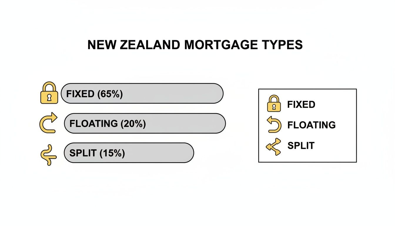 Infographic displaying New Zealand mortgage types: Fixed (65%), Floating (20%), and Split (15%).