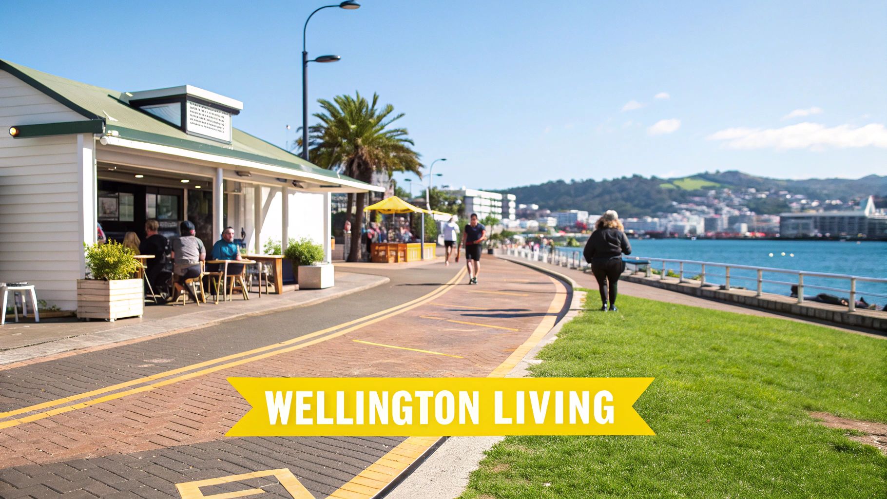 People enjoy a sunny day by the Wellington waterfront, with a cafe and city views.