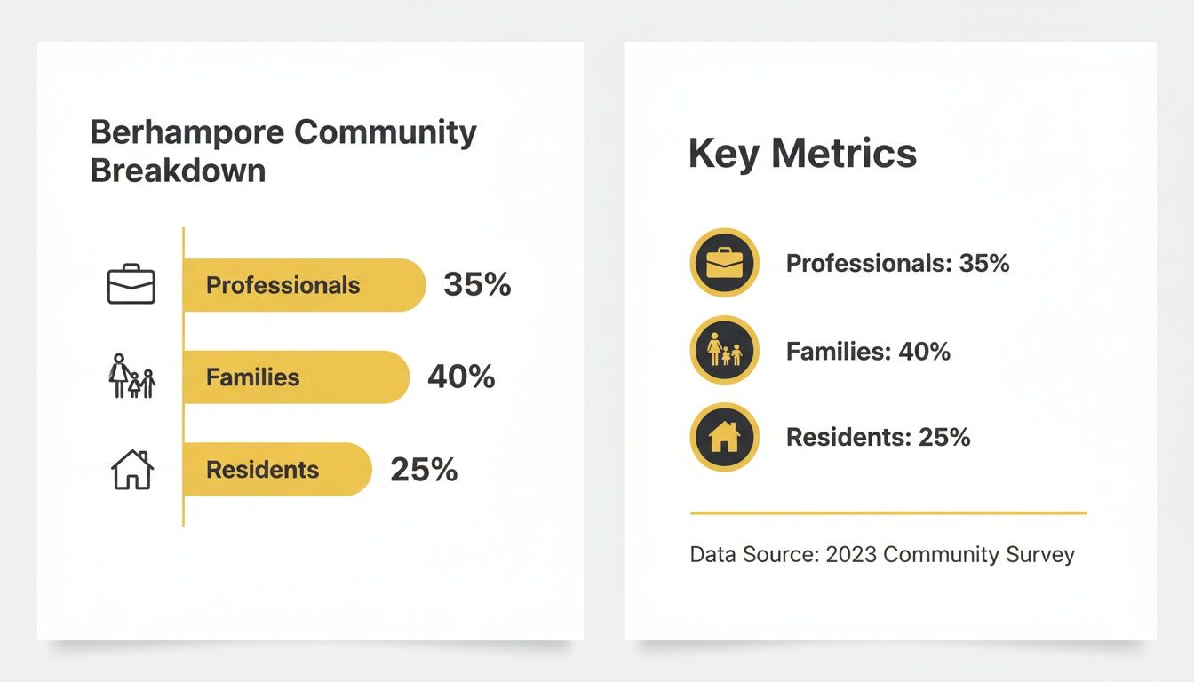 Infographic showing Berhampore community breakdown: 35% professionals, 40% families, and 25% residents from a 2023 survey.