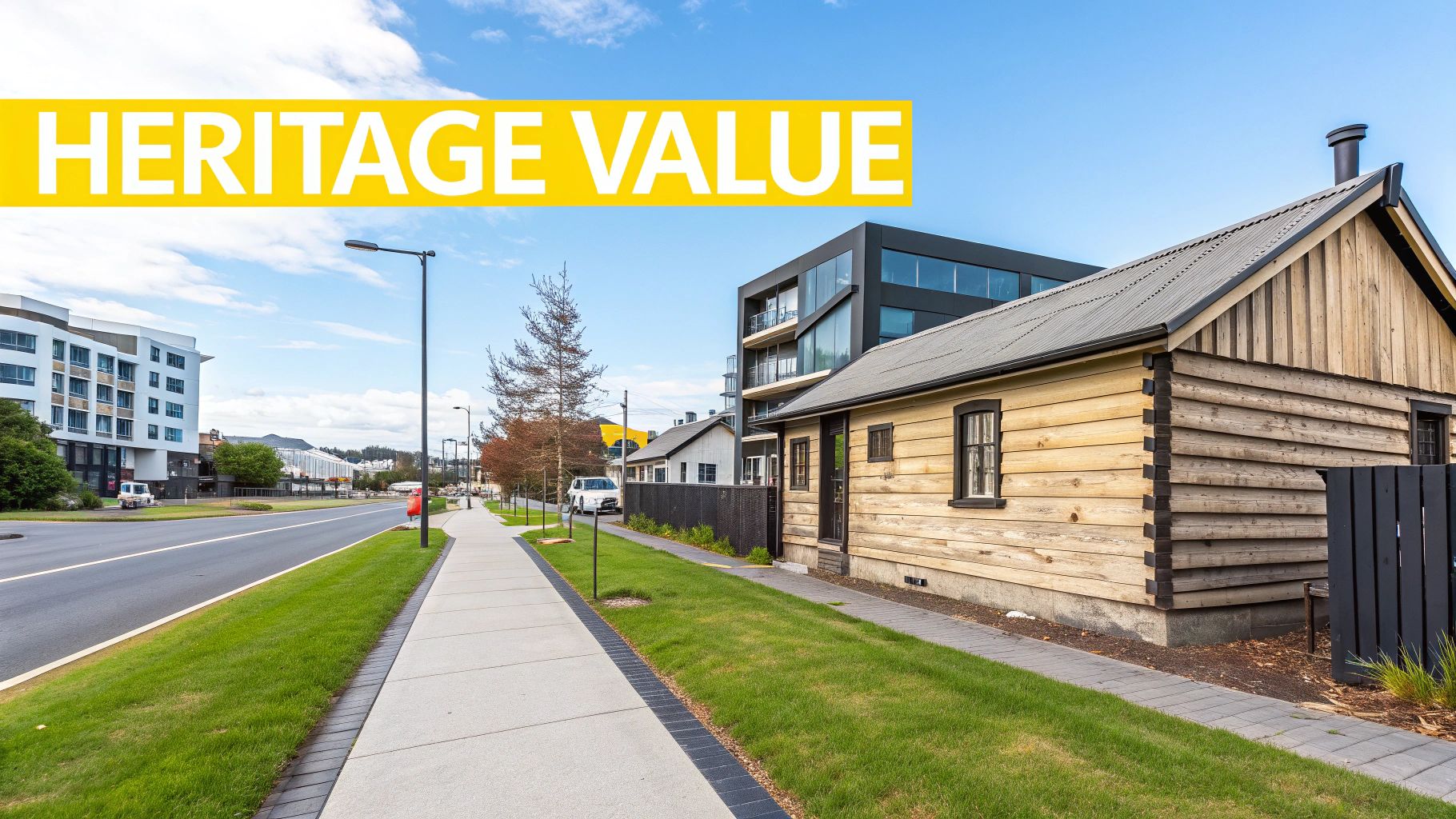 A street view featuring an old wooden heritage house next to a modern building under a blue sky.