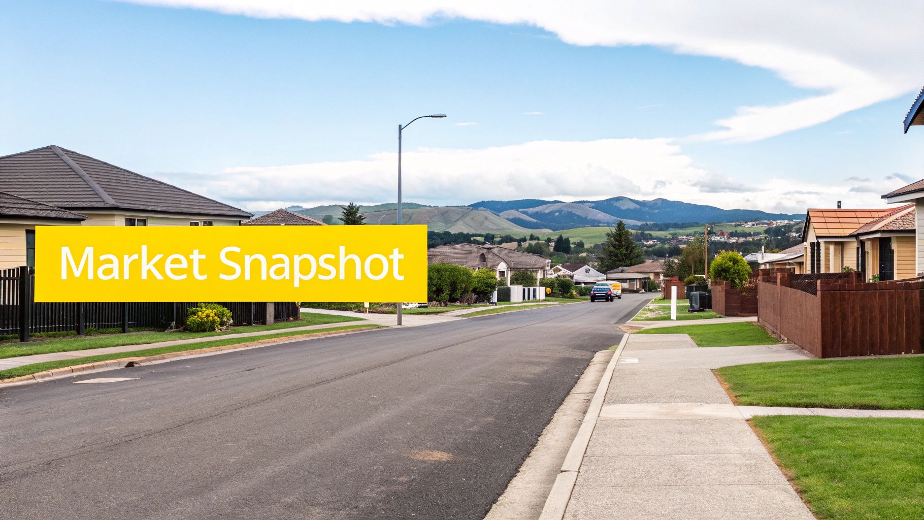 A bright yellow sign reading 'Market Snapshot' stands on a suburban street with houses and mountains.